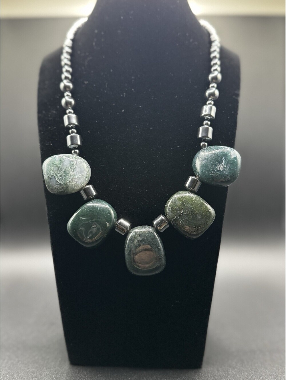 Fancy Jasper & Hematite Necklace 16" Green Stone Chunky Statement Barrel Clasp